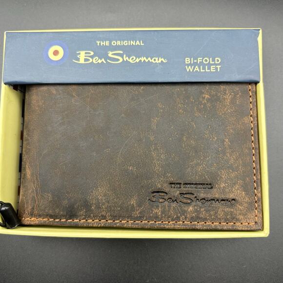 Ben Sherman MWA98FLBENBW00 mens distressed brown genuine leather bifold wallet - Picture 1 of 17